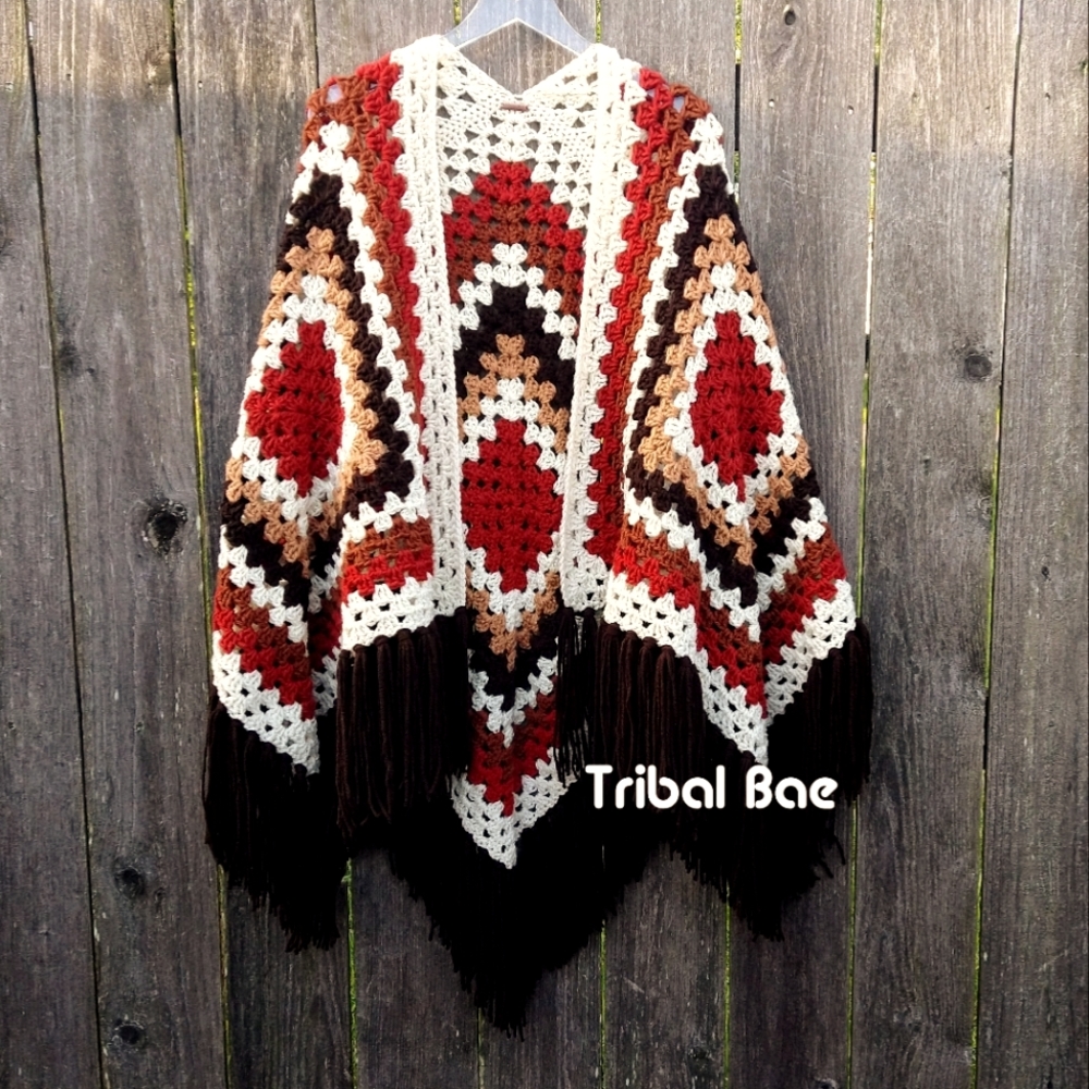 Western Boho Red Canyon Fireside Ruana Crochet by Tribal Bae